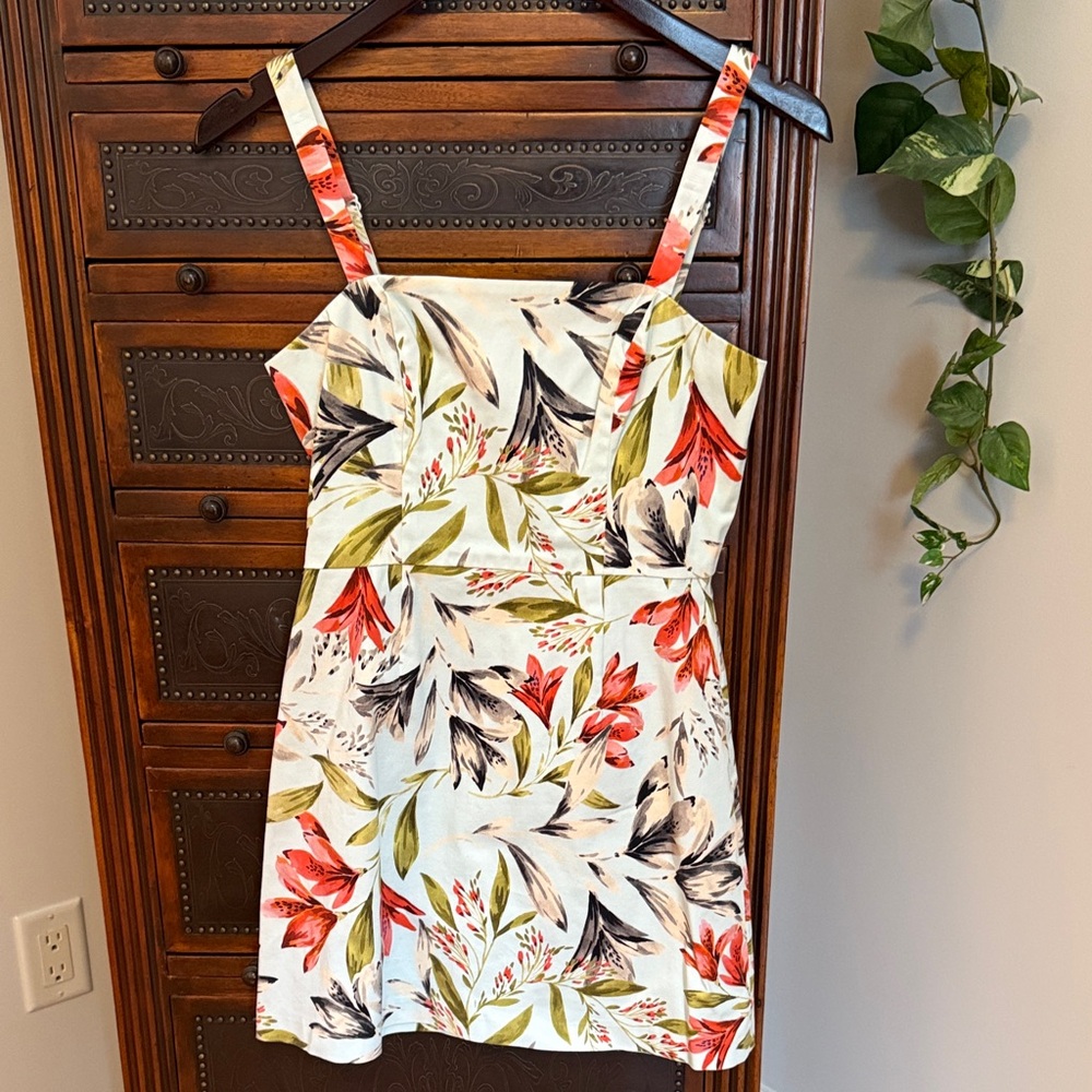 French Connection White Mini Dress with Red & Green Floral Print